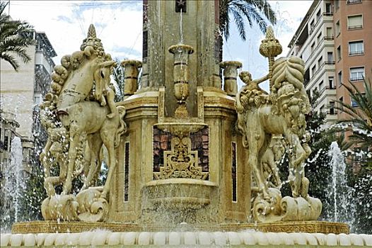 喷泉,纪念建筑,广场,阿利坎特,西班牙