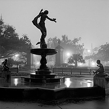 剪影,雕塑,喷泉,夜晚,奥特朋,公园,新奥尔良,路易斯安那,美国,北美