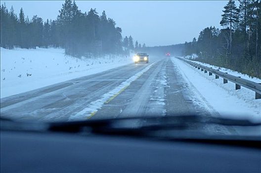 芬兰,拉普兰,伊瓦洛,雪盖,道路,室内,汽车