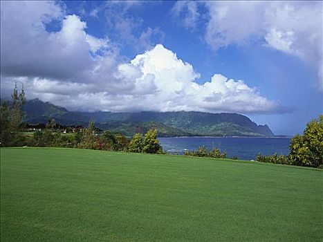 夏威夷,考艾岛,普林斯维尔,胜地,海洋,场地,山,背景