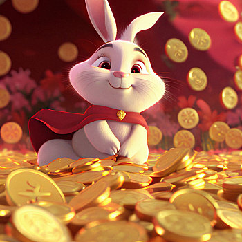 可爱的兔子坐在一堆金币上