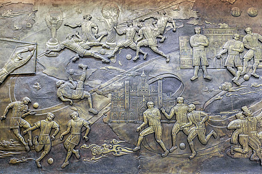 古代足球运动故事浮雕,山东省淄博市足球博物馆