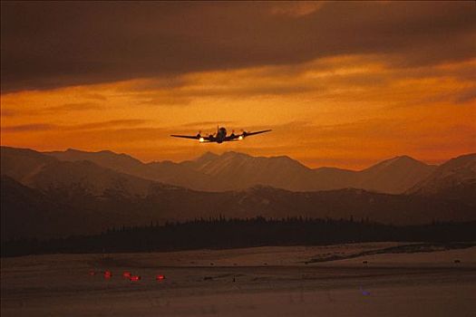 商用飞机,空中,机场,日落,冬天,阿拉斯加
