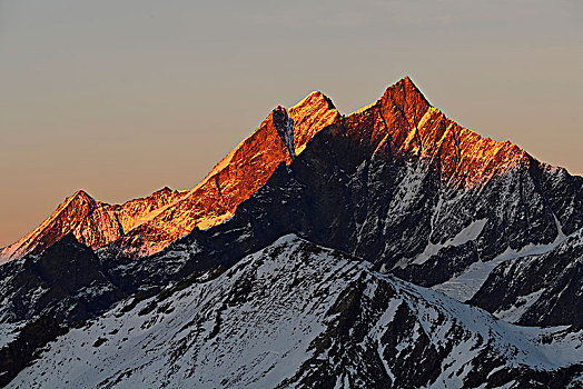 山顶,夜光,雪,日落,戈尔内格拉特,策马特峰,瓦莱州,瑞士,欧洲