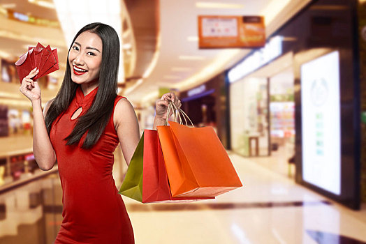 中国人,女人,穿,传统服装,拿着,购物袋