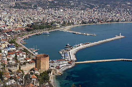 土耳其,阿兰亚,南海岸,风景,城镇,港口,红色,塔,地标