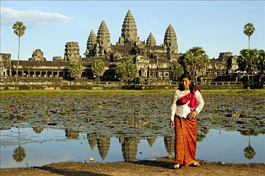 高棉,女人,穿,彩色,传统服装,正面,吴哥窟,庙宇,收获,柬埔寨