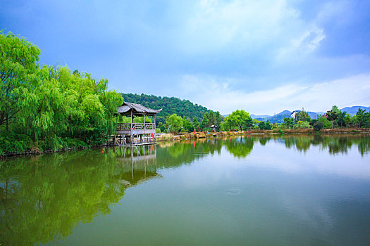 水,倒影,垂钓,小木屋