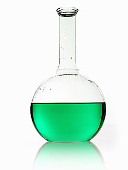 玻璃,科学,化学品,长颈瓶,长,漏斗,颈部,拿着,绿色,液体
