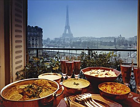巴黎,多样,餐具,笛子,餐具摆放,打开,窗户,风景,赛纳河,塔,背景