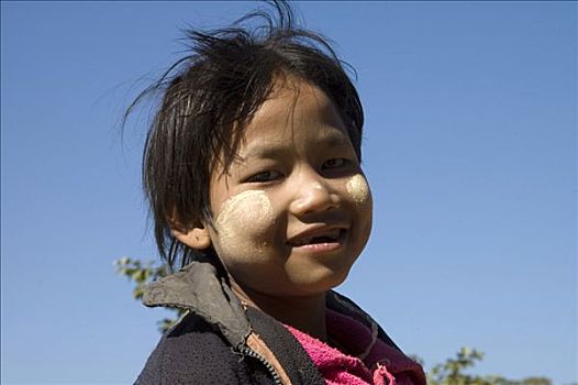 缅甸,肖像,小女孩,脸颊