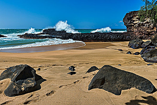海浪,海岸,火山岩,石头,考艾岛,夏威夷,美国,北美