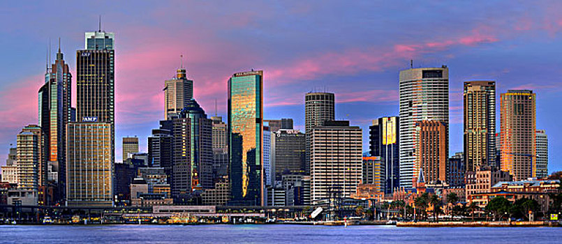 全景,悉尼,小湾,早晨,亮光,环形码头,港口,天际线,中央商务区,新南威尔士,澳大利亚
