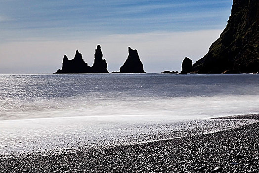 石头,针状物,海浪,海滩,靠近,南,冰岛,欧洲