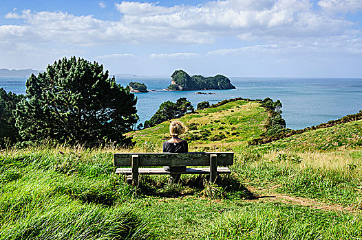 坐,女人,长椅,草,草地,高处,大教堂,小湾,科罗曼德尔,北岛,新西兰