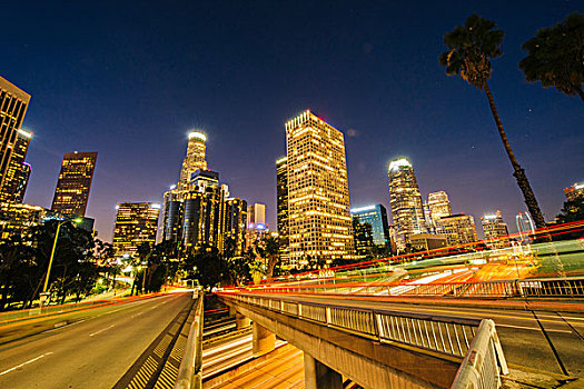 城市,摩天大楼,公路,夜晚,洛杉矶,加利福尼亚,美国