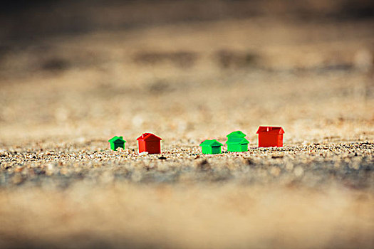 小,红色,绿色,塑料制品,房子,沙子,海滩