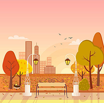 秋天,公园,城市,矢量,插画,树,灯笼,长椅,鸟,摩天大楼,背景