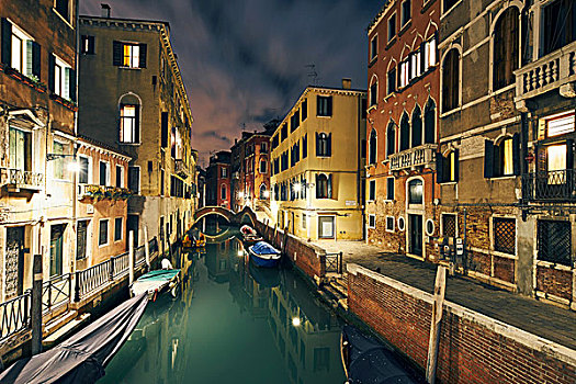 风景,运河,传统,水岸,房子,夜晚,威尼斯,意大利