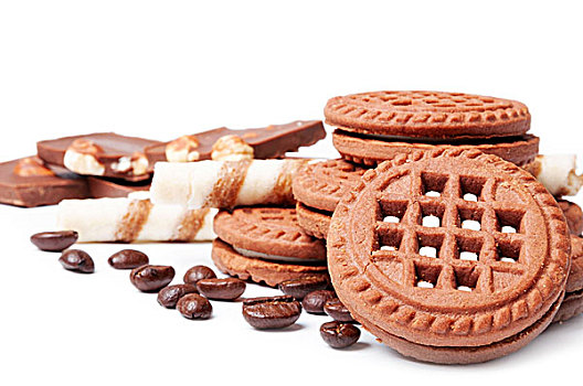 饼干,巧克力,咖啡豆,白色背景