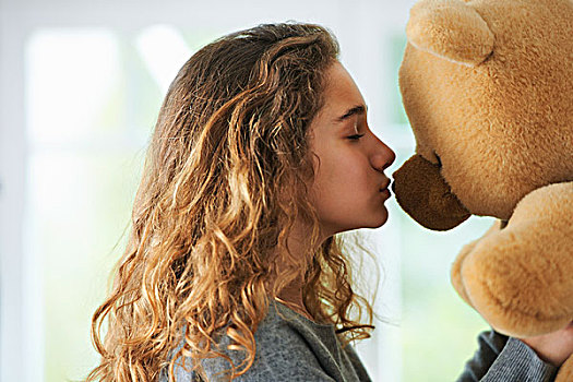 女孩,头像,吻,泰迪熊