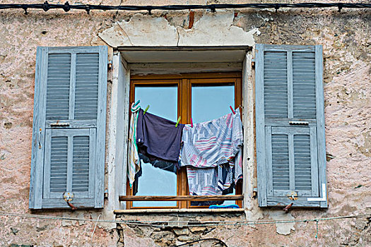 窗户,荒废,建筑,洗衣服,打开,百叶窗,科西嘉岛,法国,欧洲