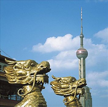 中国,上海,东方明珠塔,浦东,电视塔,摩天大楼,468米高,现代建筑,龙,头部,亚洲