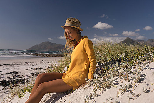 女人,帽子,放松,海滩