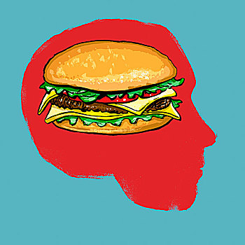 插画,汉堡包,头部,蓝色背景