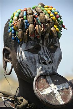 白色,涂绘,女人,莫西部落,盘子,嘴唇,彩色,珠子,头部,靠近,金卡,埃塞俄比亚,非洲