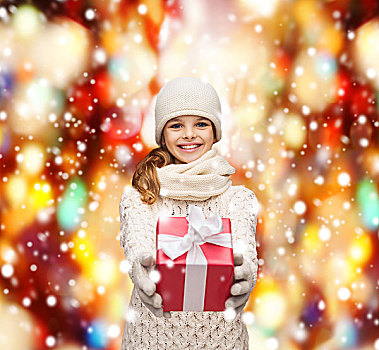 圣诞节,圣诞,冬天,高兴,概念,微笑,女孩,帽子,围巾,手套,礼盒