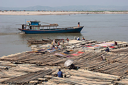 生活,河,竹子,筏子,排列,伊洛瓦底江,曼德勒,分开,缅甸,亚洲