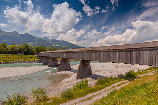 老,木桥,穿过,莱茵河,列支敦士登,瑞士,欧洲