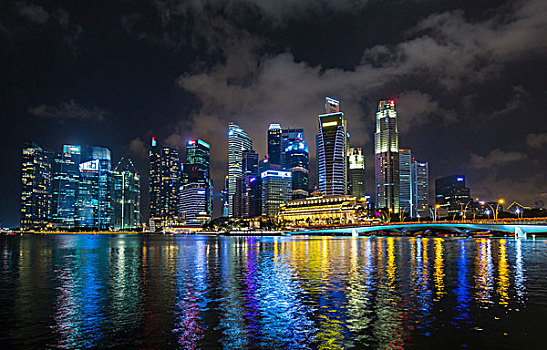 水岸,天际线,码头,湾,夜晚,新加坡,东南亚
