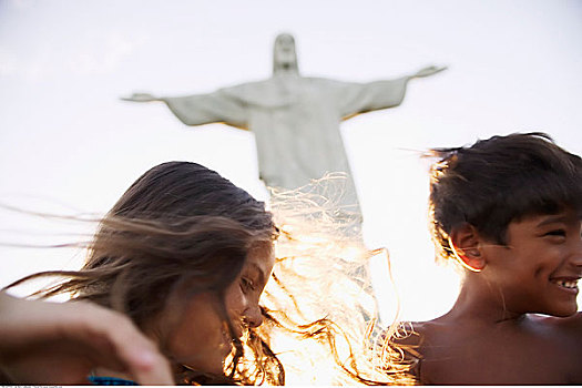 男孩,女孩,基督像,耶稣山,里约热内卢,巴西