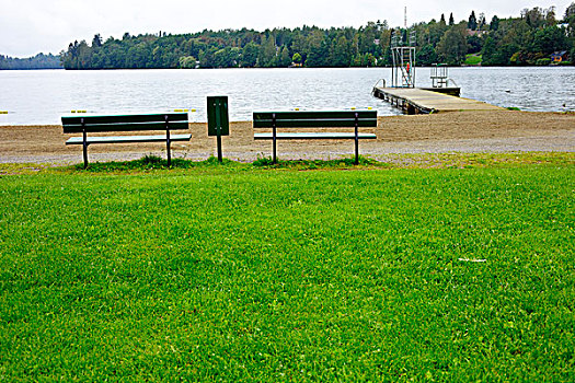 两个,长椅,风景,湖,芬兰,坦佩雷