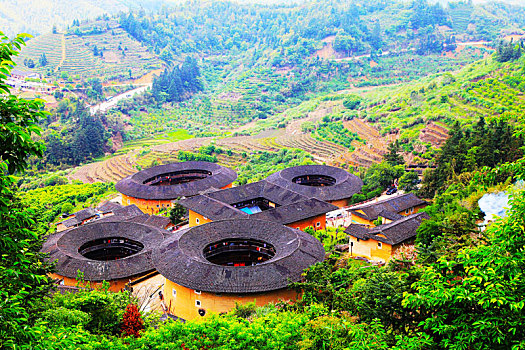 福建省漳州市南靖县书洋镇上坂村,俗称,四菜一汤,的土楼群