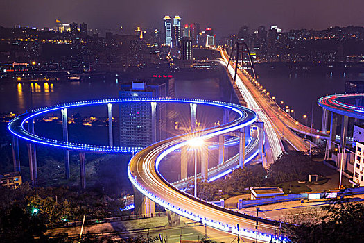 中国,桥,俯拍,红绿灯,跨越,长江,秋天,晚间