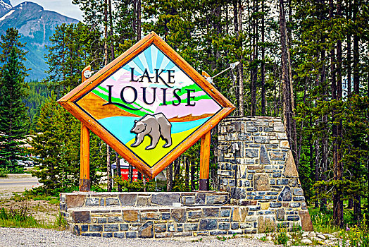欢迎标志,路易斯湖,班芙,国家公园,艾伯塔省,加拿大,北美