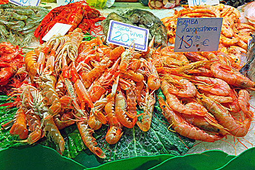 宽沟对虾,龙虾,对虾,市场货摊,巴塞罗那,西班牙