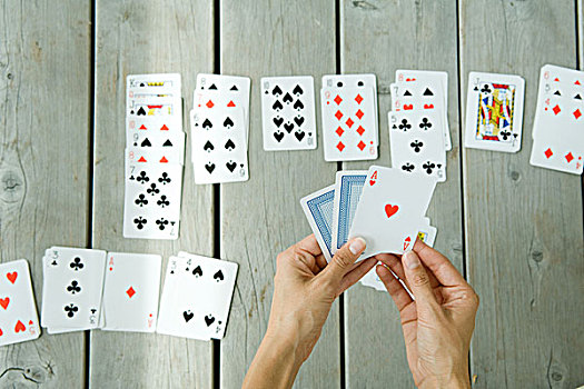 女人,玩,单人纸牌戏,局部,风景,纸牌