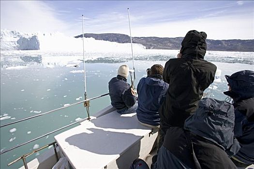 格陵兰,冰河,活动,船,游客,看,片,冰面,湾,正面,结冰,口鼻部