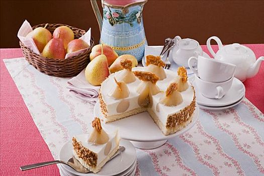 梨,酸奶,芝士蛋糕,点心架,茶具