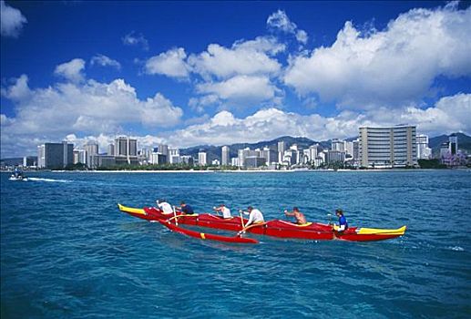夏威夷,瓦胡岛,莫洛凯岛,独木舟,比赛,舷外支架,团队,正面,怀基基海滩
