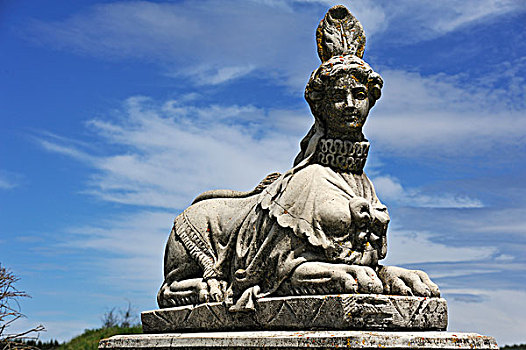雕塑,狮身人面像,蓝天,云,中间,弗兰克尼亚,巴伐利亚,德国,欧洲