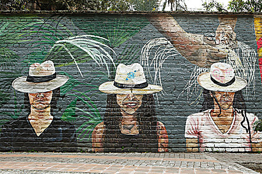 绘画,两个男人,女人,戴着,巴拿马草帽,壁画,墙壁,街头艺术,昆卡,省,厄瓜多尔,南美