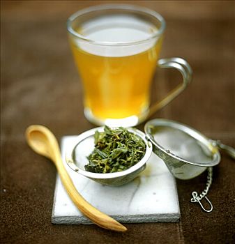 绿茶,玻璃杯,茶叶,过滤器