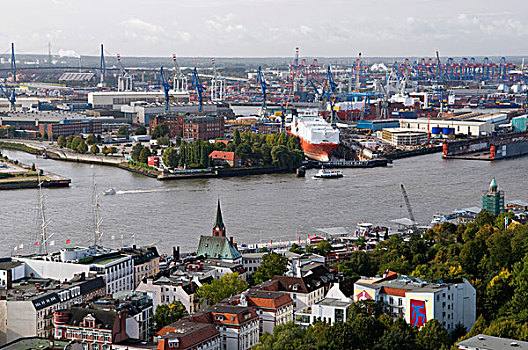 风景,塔,教堂,码头,港口,汉堡市,德国,欧洲