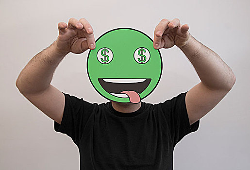 男人,拿着,绿色,美元符号,动画表情,脸,正面