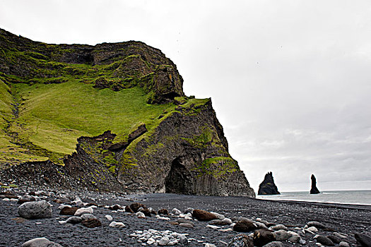 玄武岩,洞穴,黑沙,海滩,冰岛